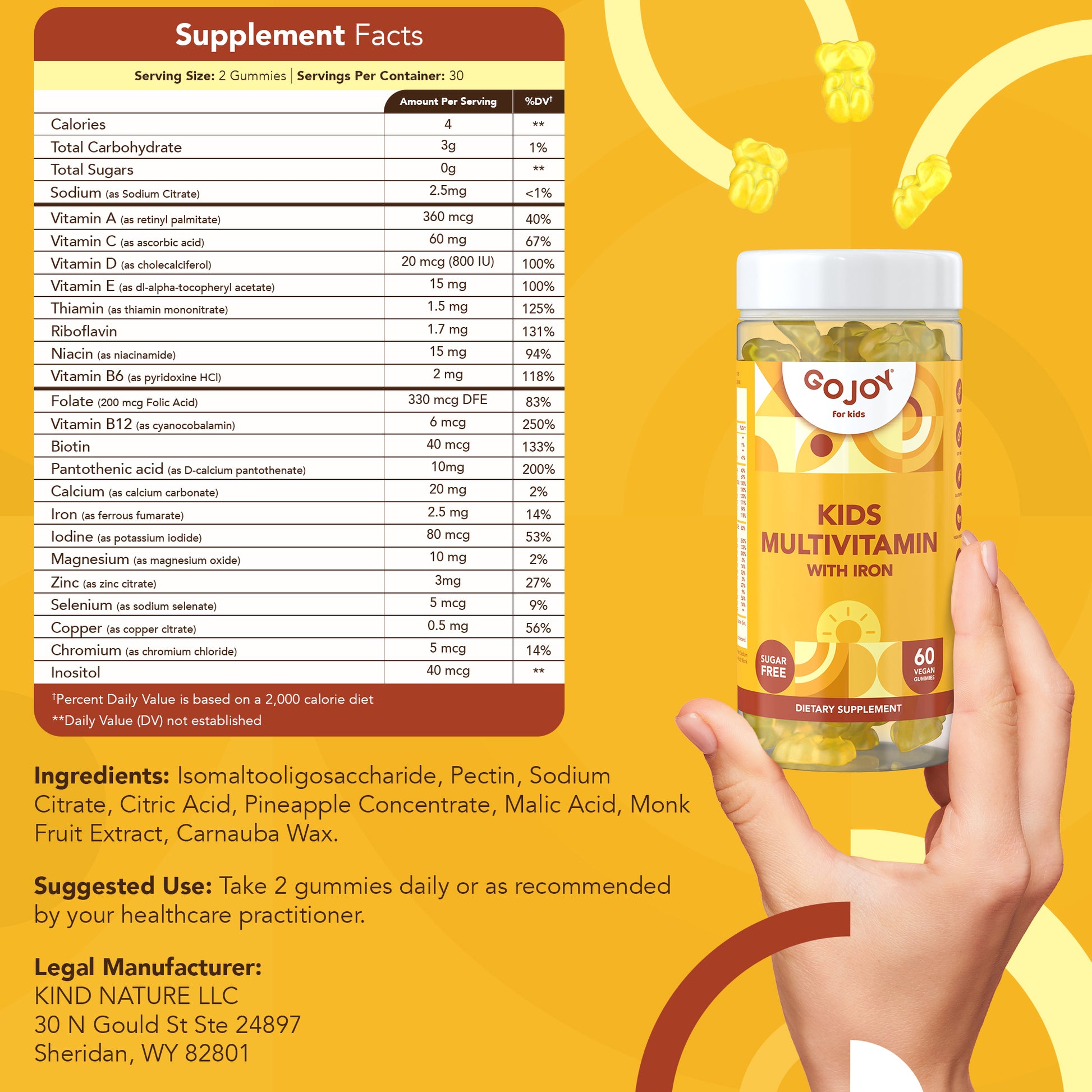 GOJOY Kids Multivitamin Gummies with Iron - Sugar Free - For Toddlers & Children 3 & Up