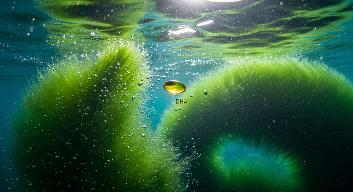 Algae DHA supplement hero image - spirulina algae in motion underwater