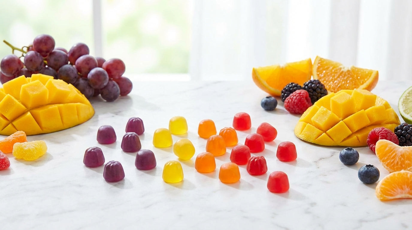 Colorful gummy vitamins scattered on marble with fresh fruits, representing effective gummy supplement nutrition