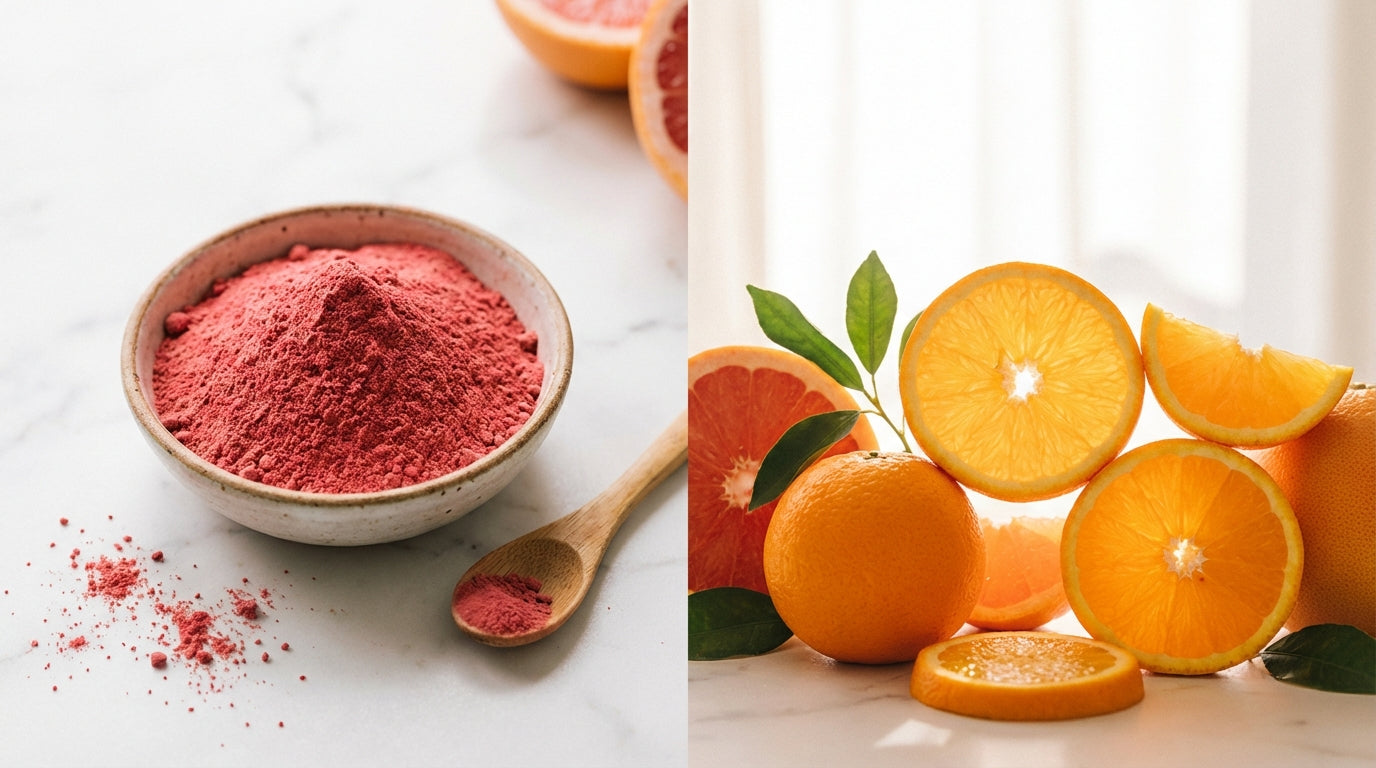 Vibrant astaxanthin powder and orange citrus fruits representing antioxidant comparison