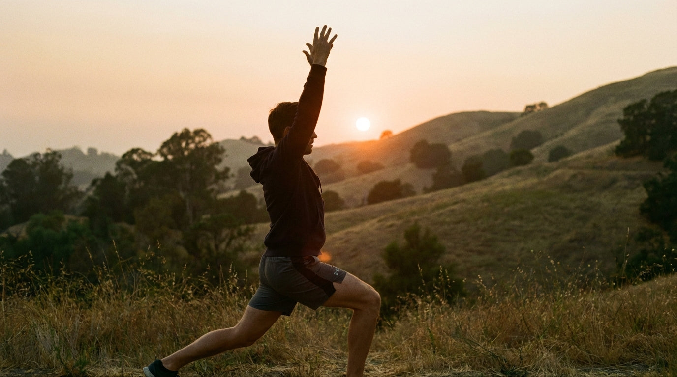 Athlete stretching outdoors at golden hour representing astaxanthin benefits for athletic performance