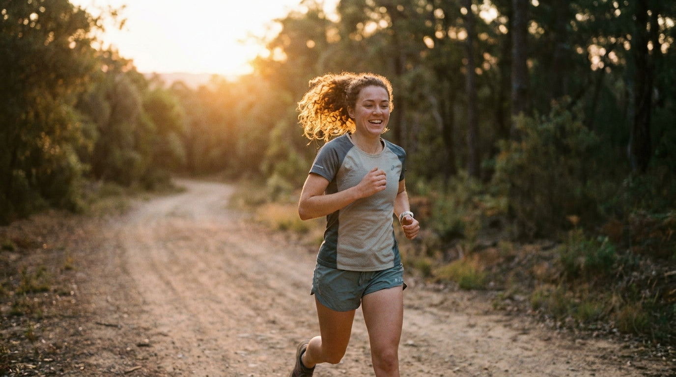 Athletic woman running on nature trail at golden hour representing energy and endurance