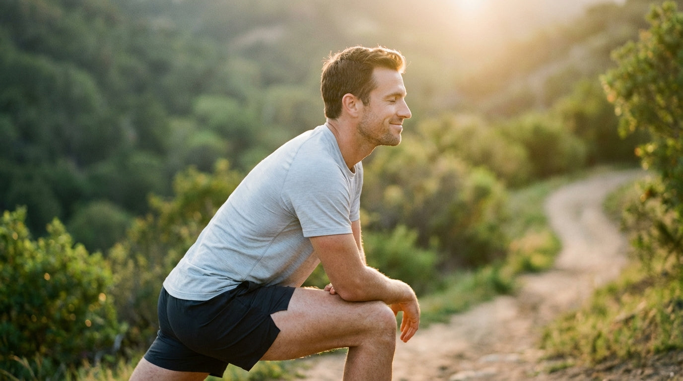 Athlete stretching after morning run in golden sunlight