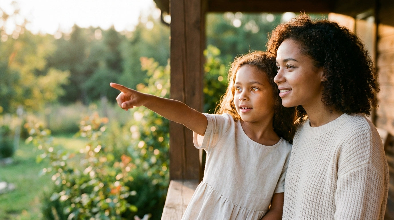 Mother and daughter on sunlit porch with bright curious eyes representing astaxanthin eye health protection