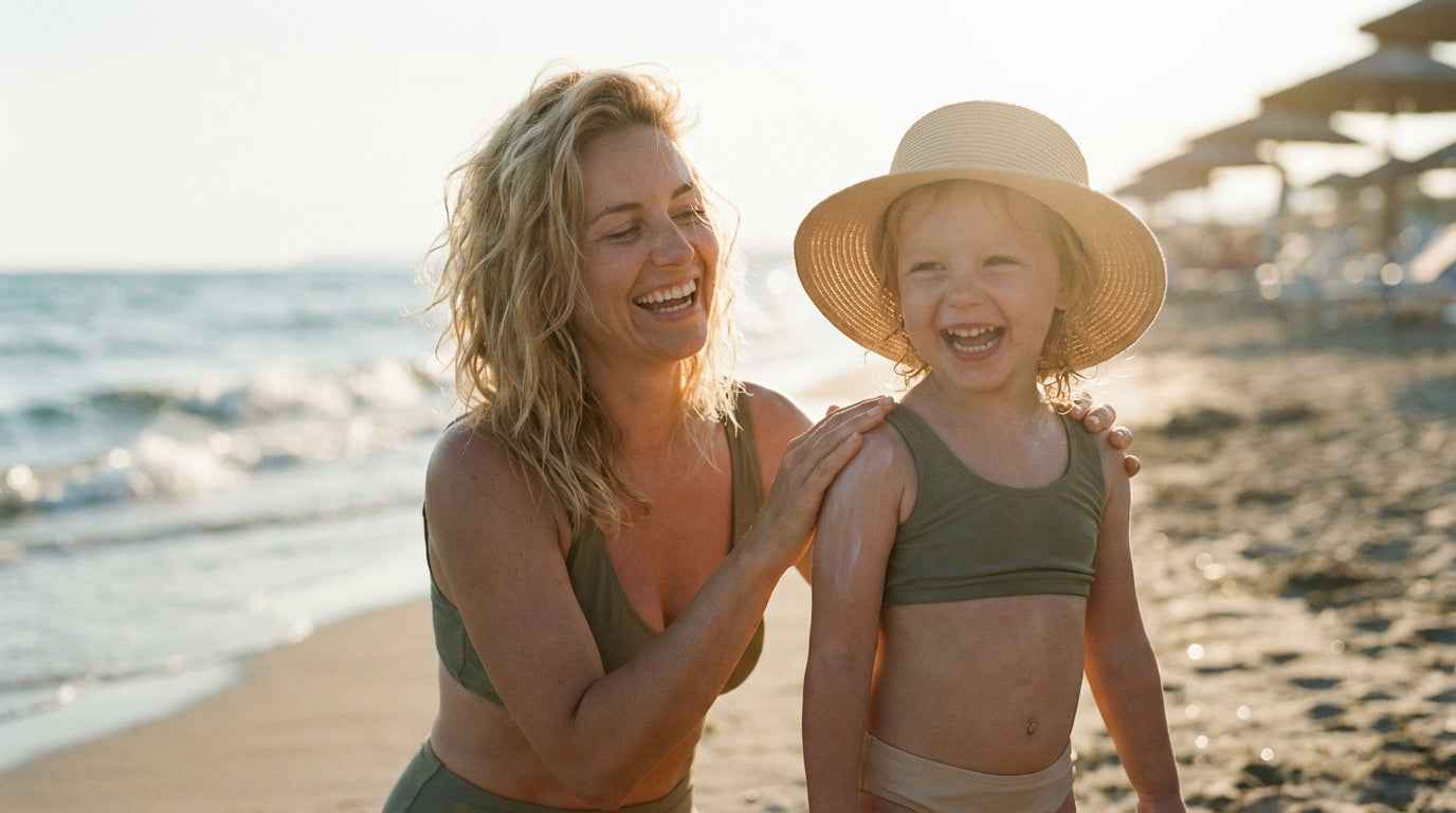 Mother applying sunscreen to daughter at beach