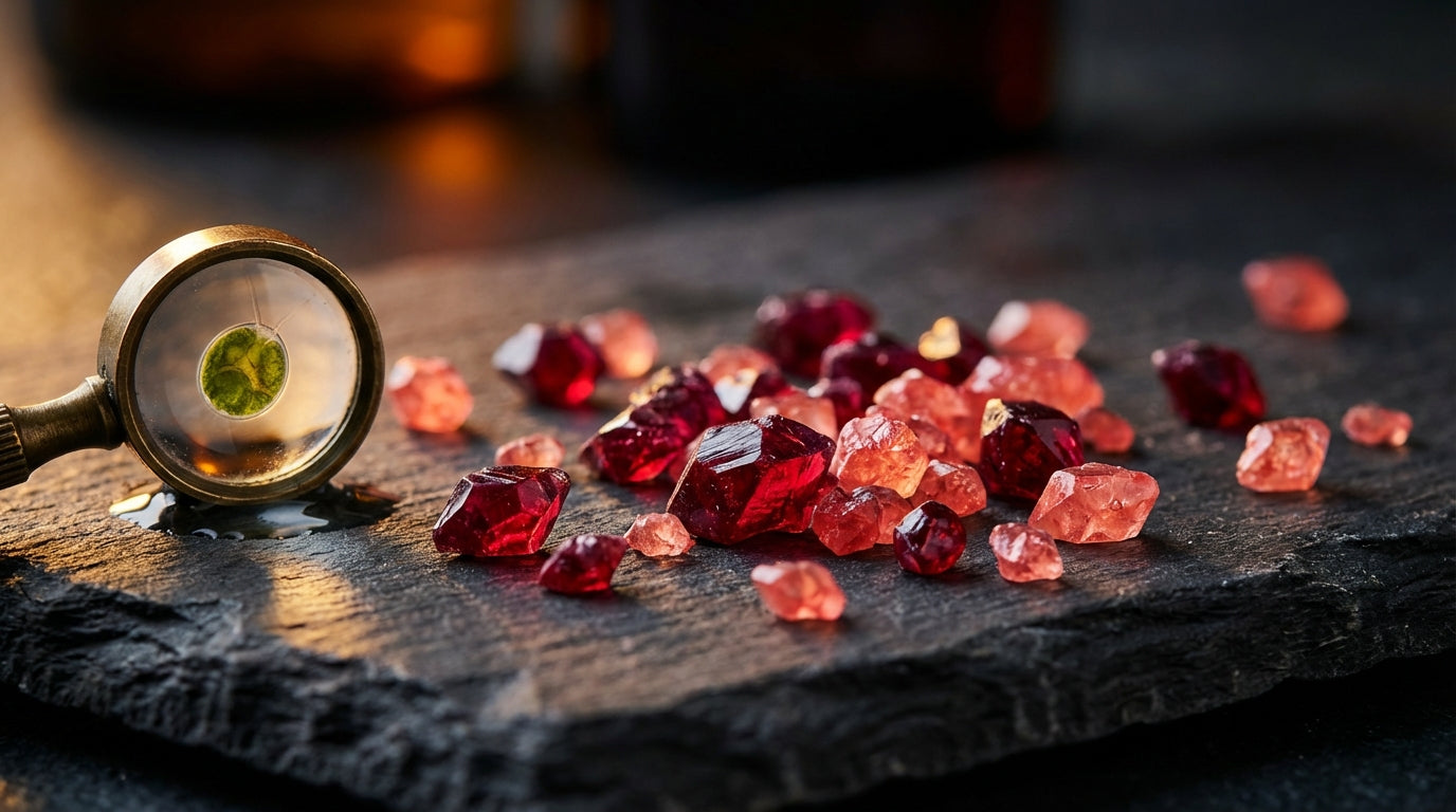 Deep crimson astaxanthin microalgae crystals on dark slate with dramatic side lighting