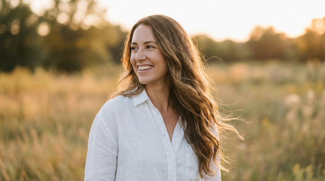 Woman with healthy shiny hair in golden sunlight