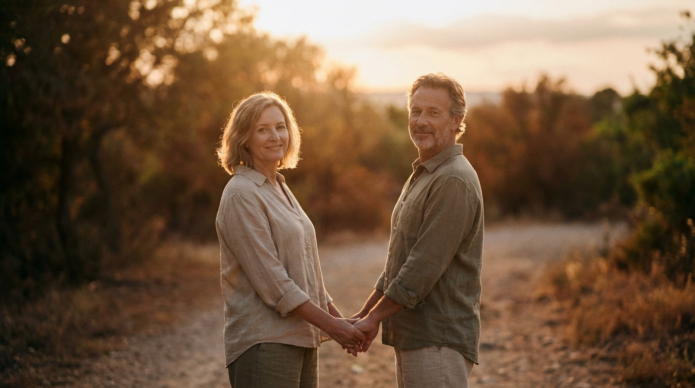 Active couple walking outdoors for heart health