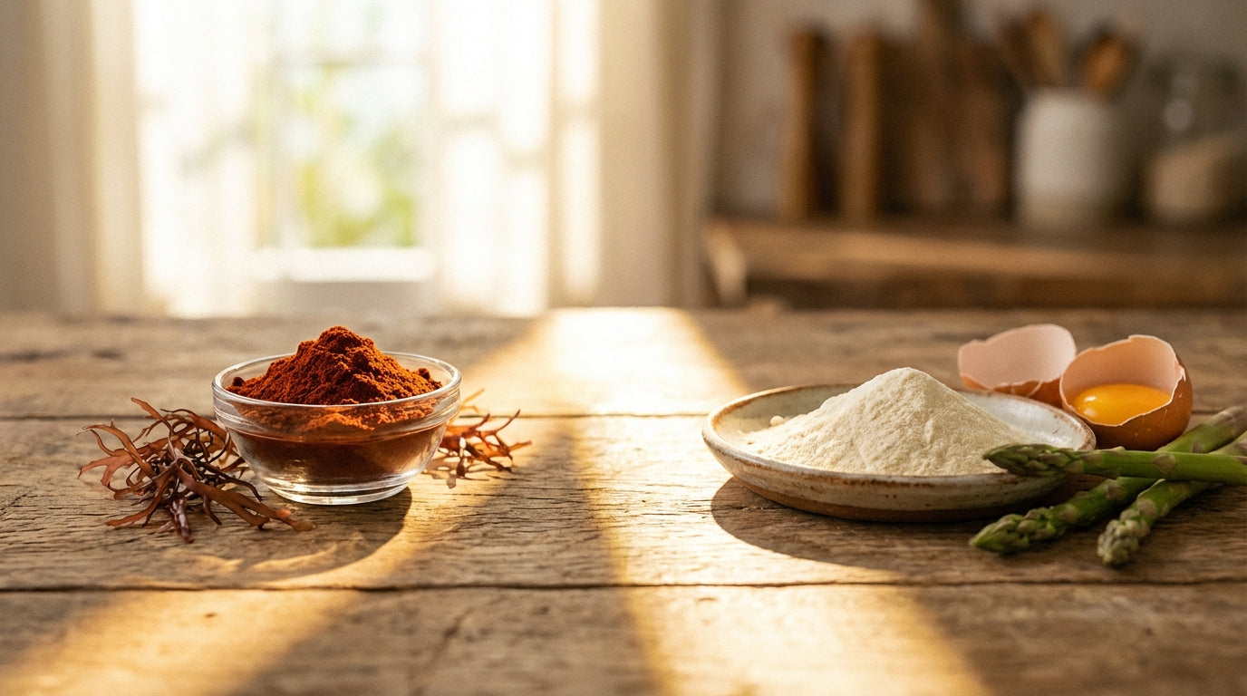 Still life showing red astaxanthin powder and white glutathione powder side by side on a natural wood table in warm golden light