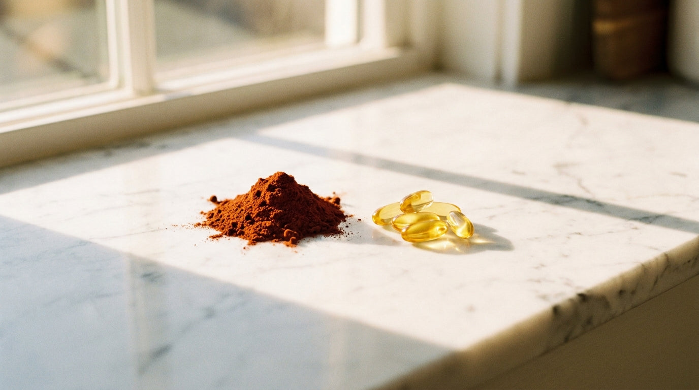 Comparison of vibrant astaxanthin and golden krill oil capsules on white marble surface