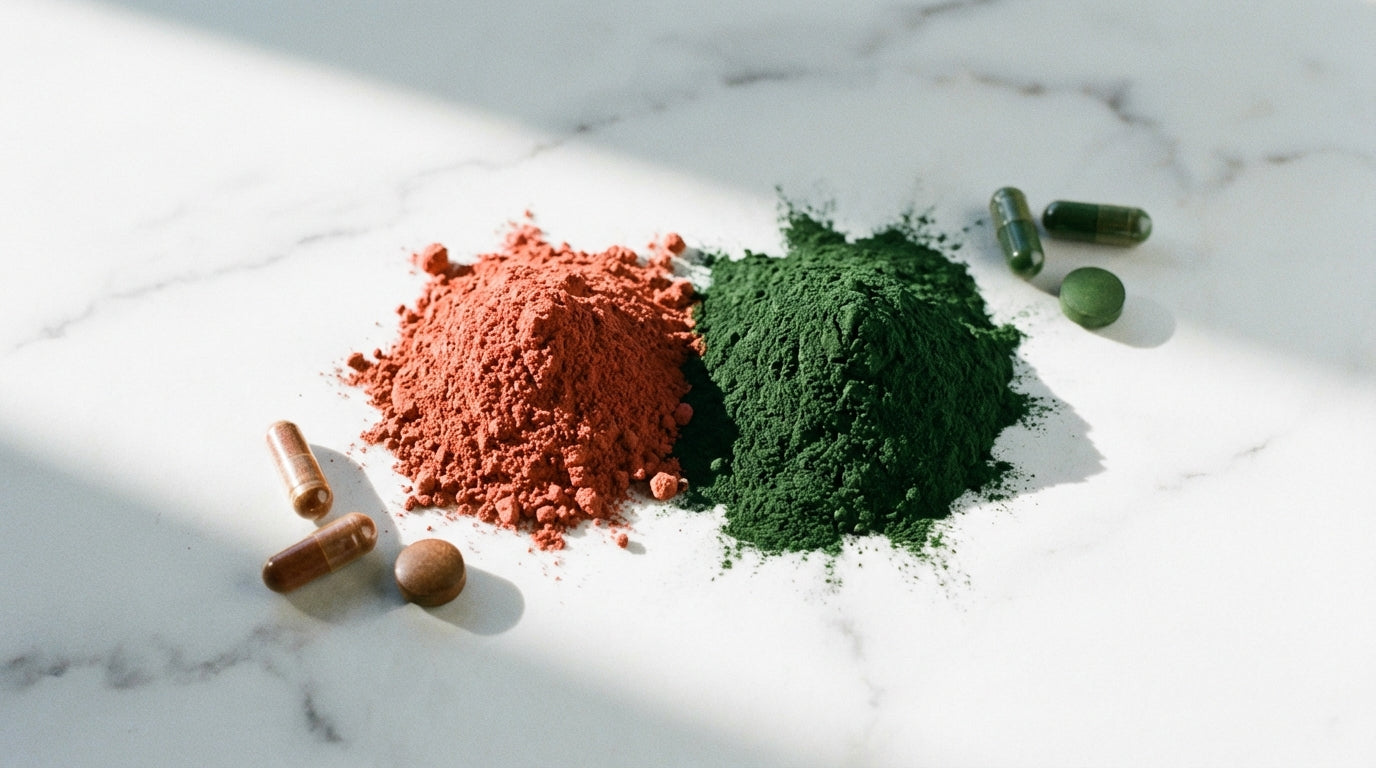 Red astaxanthin and green spirulina powders comparing antioxidant supplements