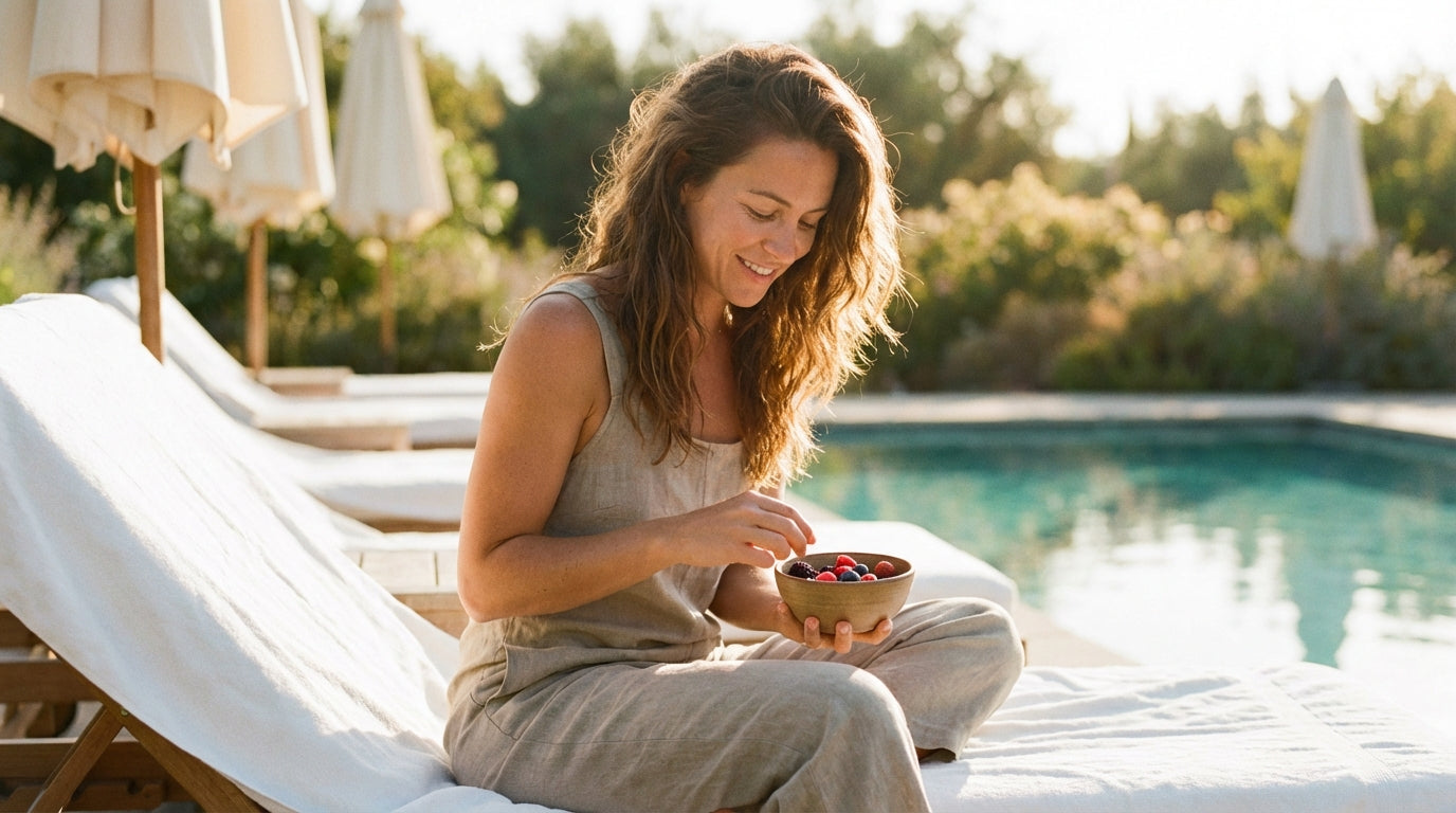 Woman relaxing by pool with glowing skin and mixed berries representing astaxanthin benefits