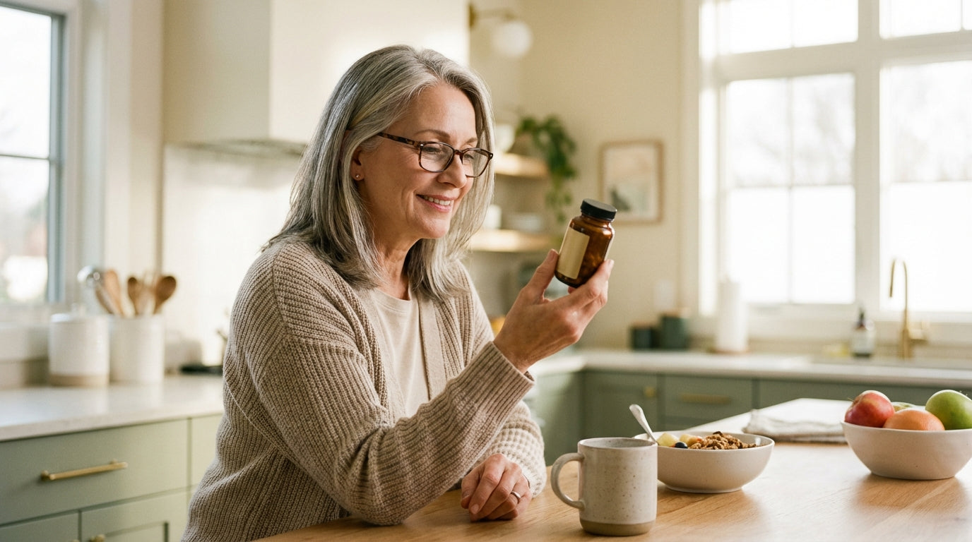 Woman reading cholesterol supplement label in modern kitchen