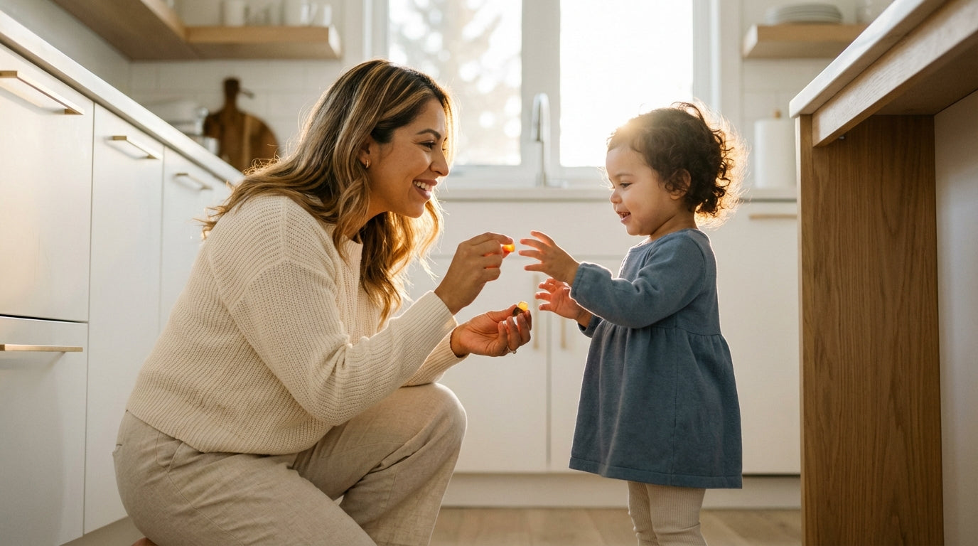 Mother offering gummy vitamin to curious toddler in bright kitchen with golden morning sunlight