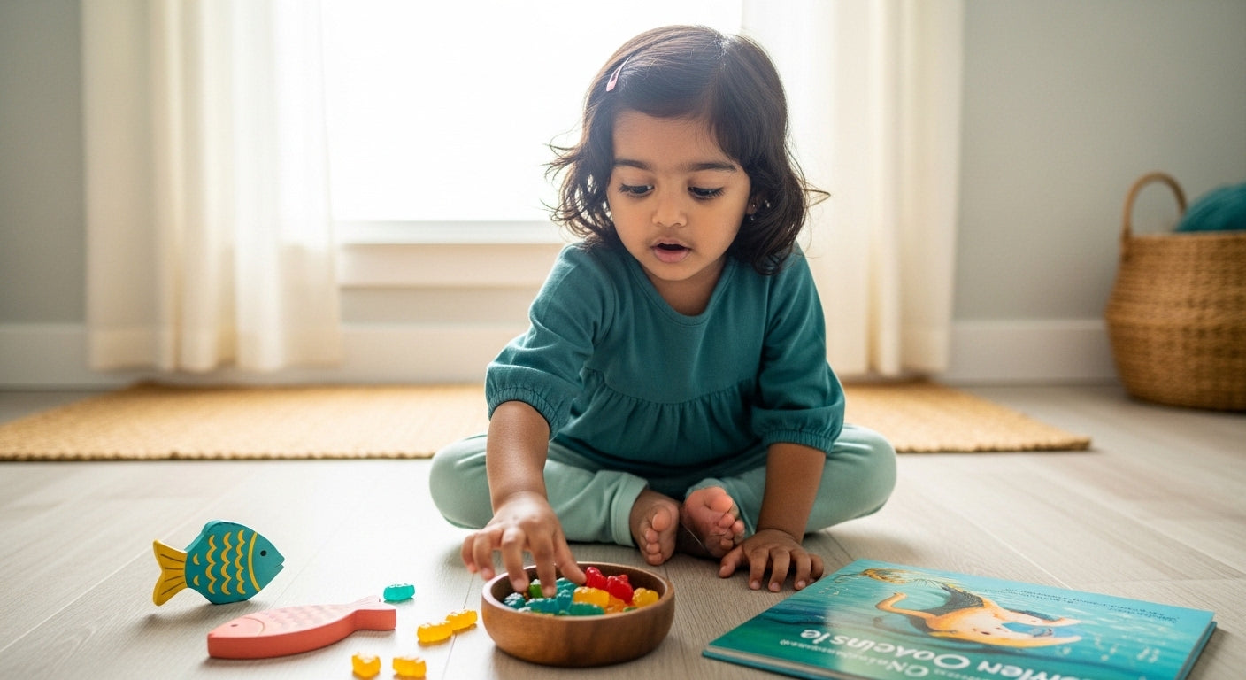 South Asian toddler discovering omega-3 fish gummies with wonder and joy