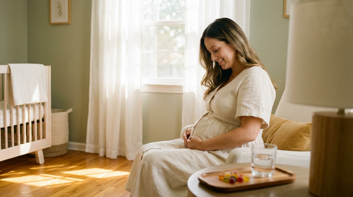 Expecting mother in sunlit nursery with prenatal vitamin gummies