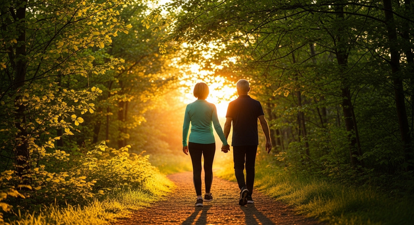 Couple walking nature trail at golden hour - active aging and heart health