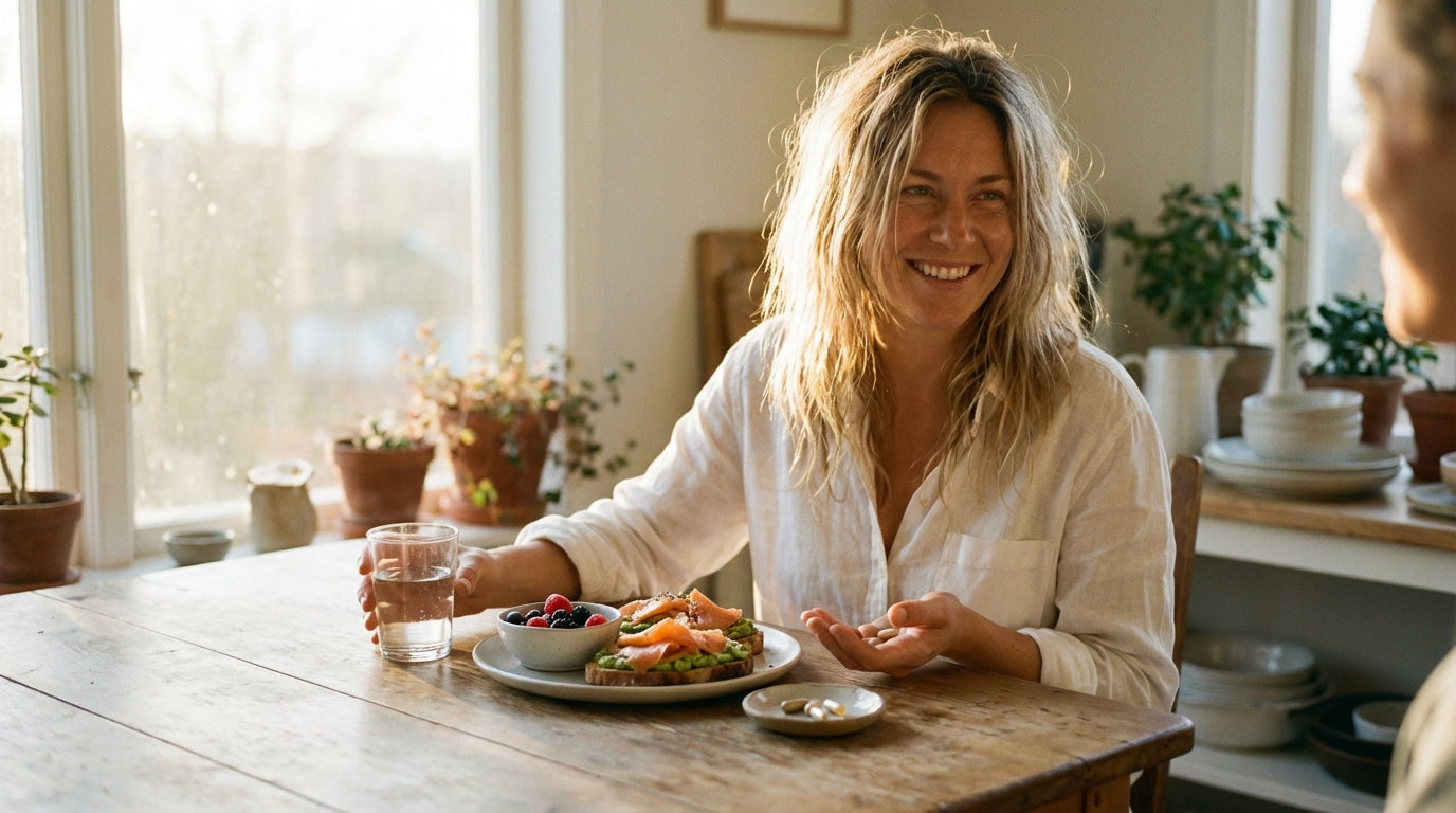 Woman enjoying healthy breakfast with supplements in golden morning sunlight