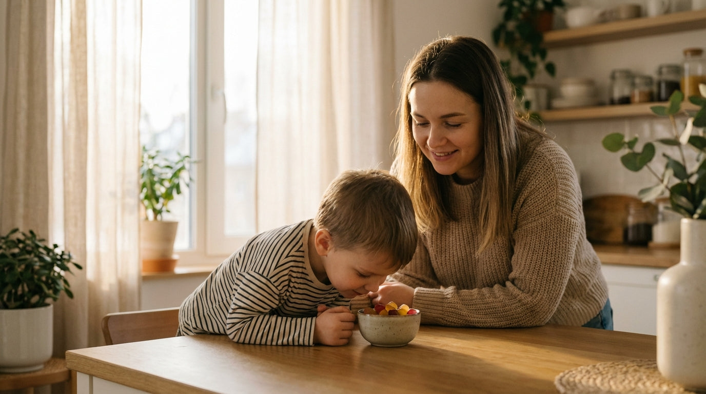 Mother and child taking omega-3 at breakfast
