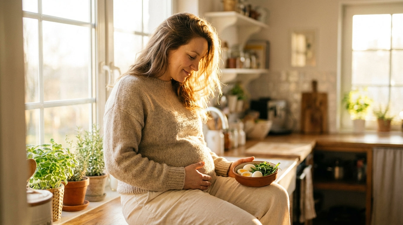 Pregnant woman sitting by sunlit window holding a bowl of choline-rich foods