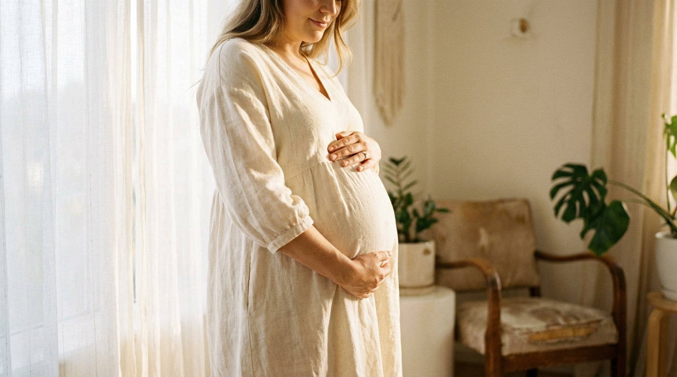 Pregnant woman in soft white dress cradling her belly by a sunlit window