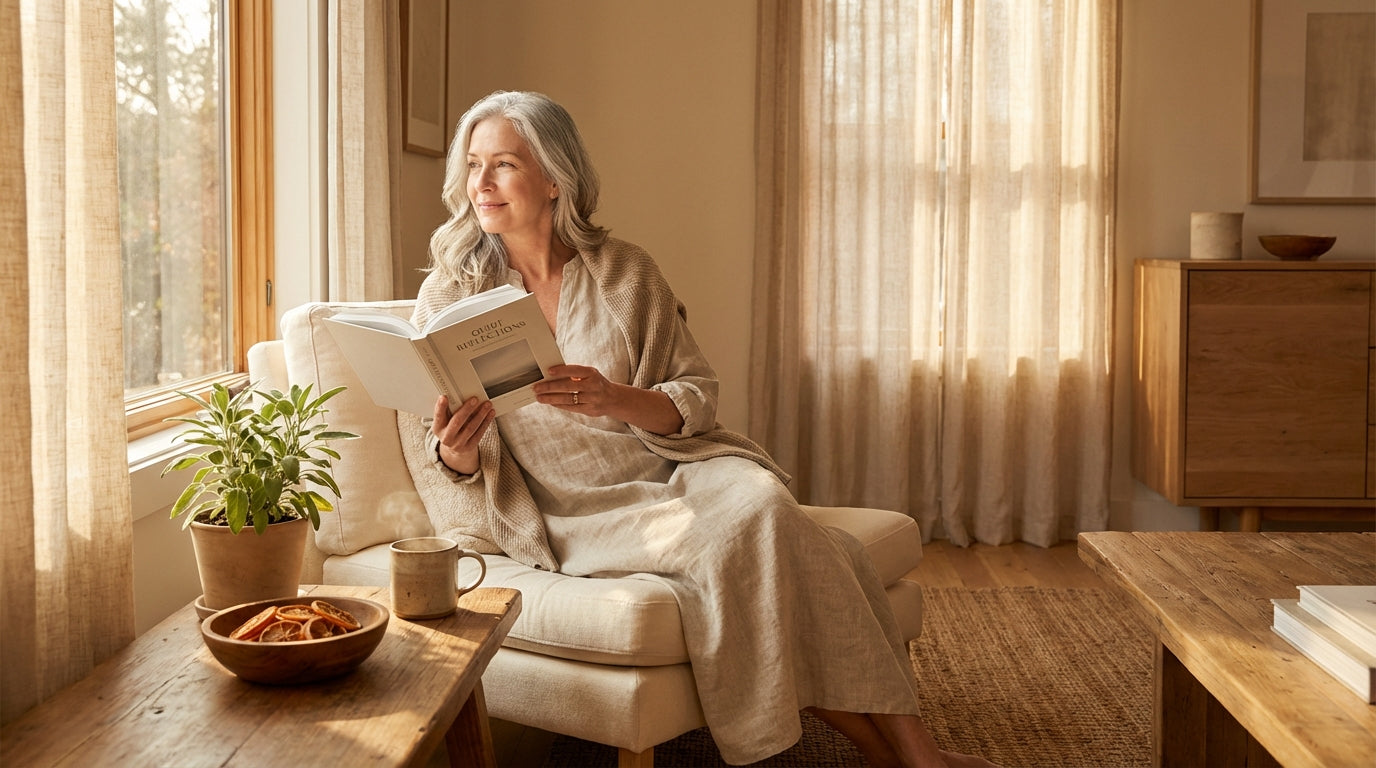 Serene woman reading a book representing cognitive wellness