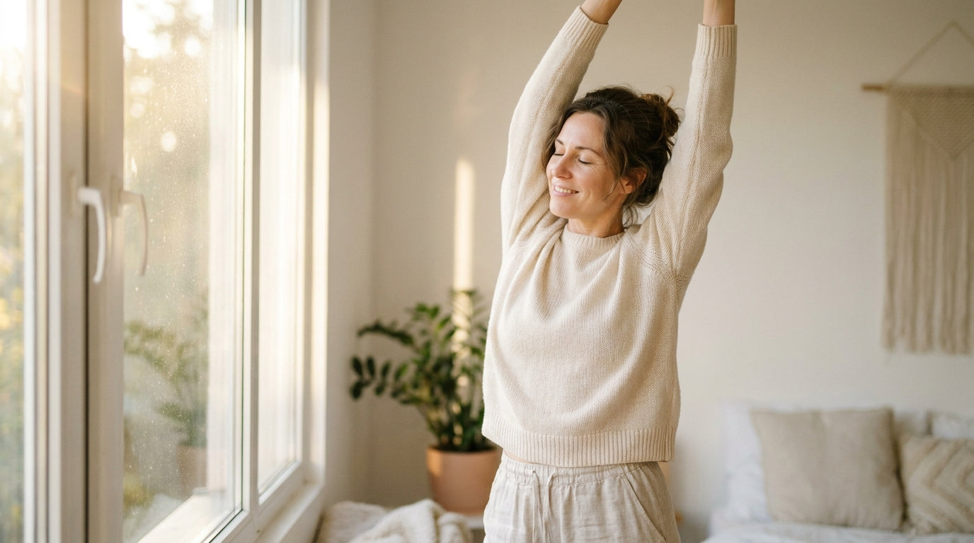 Woman stretching at sunlit window representing energy and vitality for CoQ10 chronic fatigue article