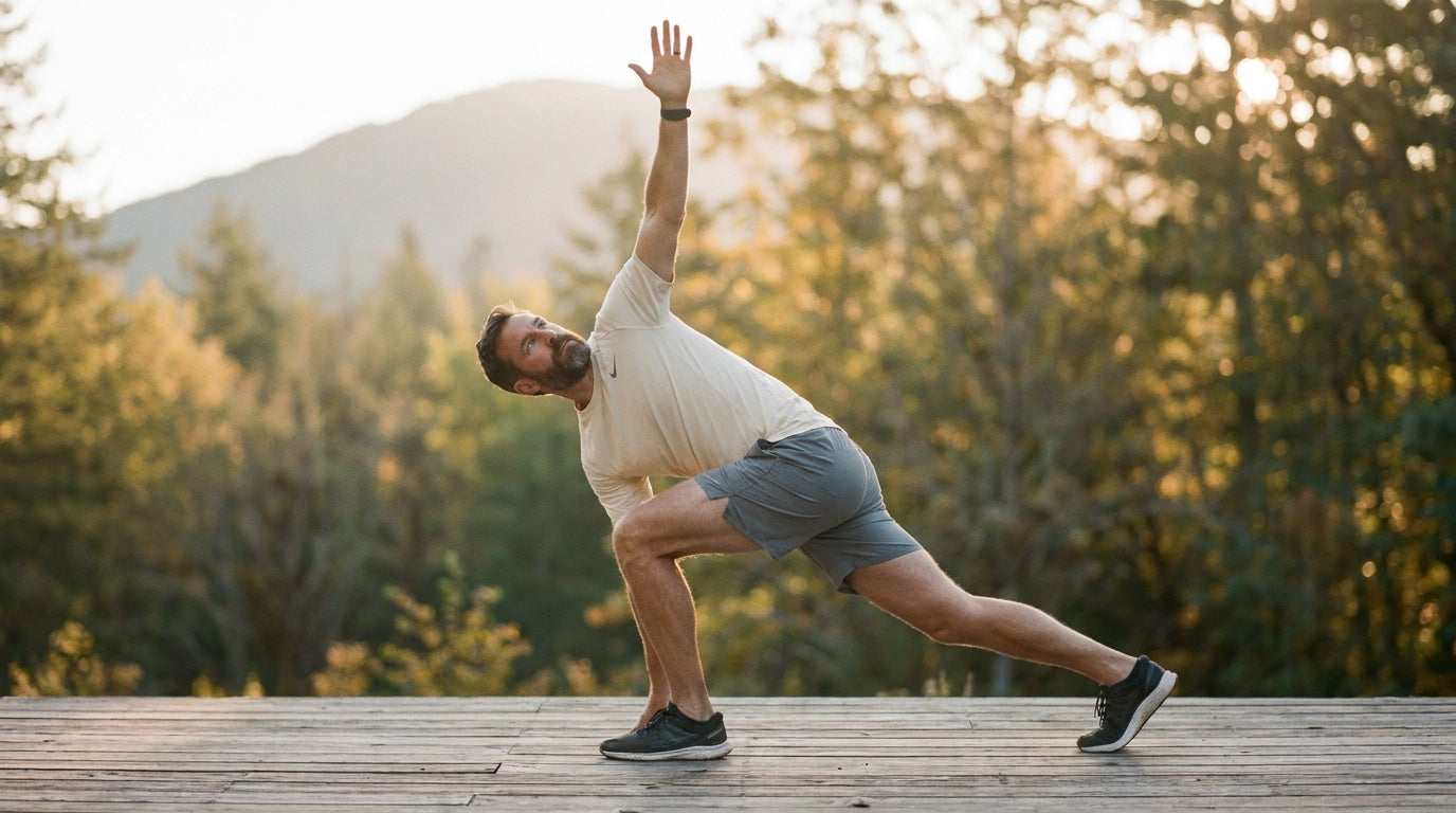 Active man stretching at sunrise for energy and vitality
