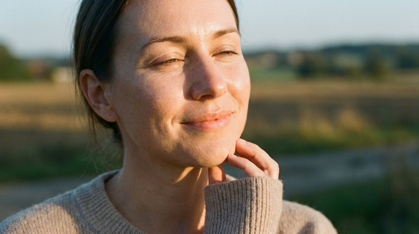 Woman with radiant glowing skin in golden hour light