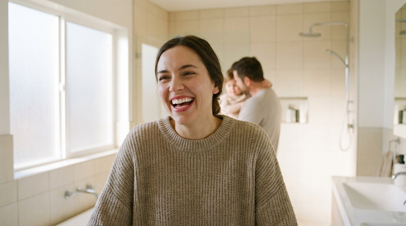 Woman with healthy radiant smile in soft morning bathroom light