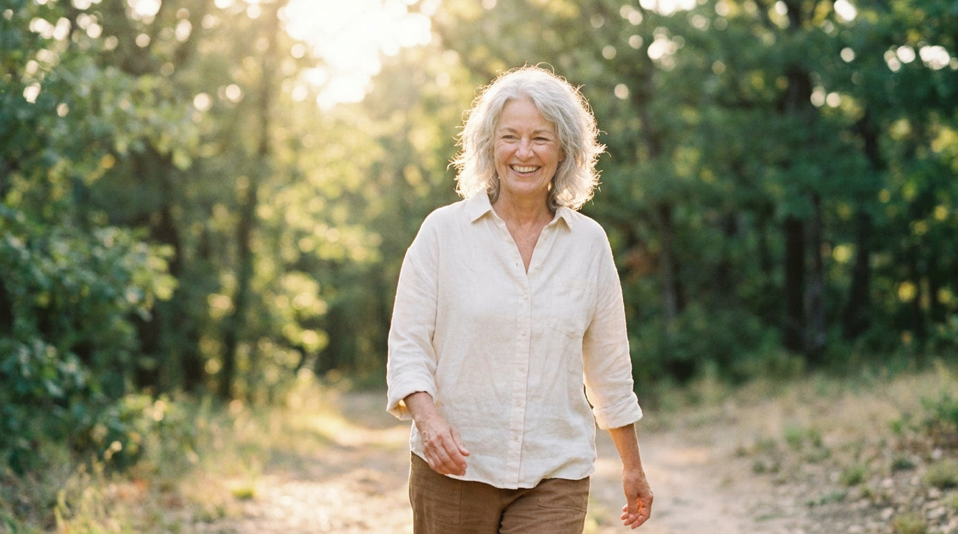 Vibrant woman with silver hair walking along sunlit nature path