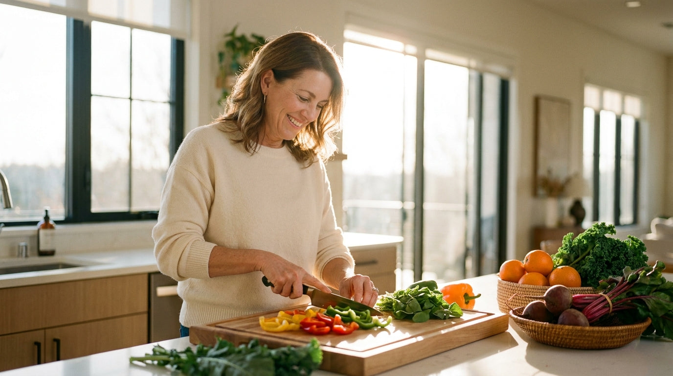 Woman preparing healthy meal in bright kitchen with natural sunlight