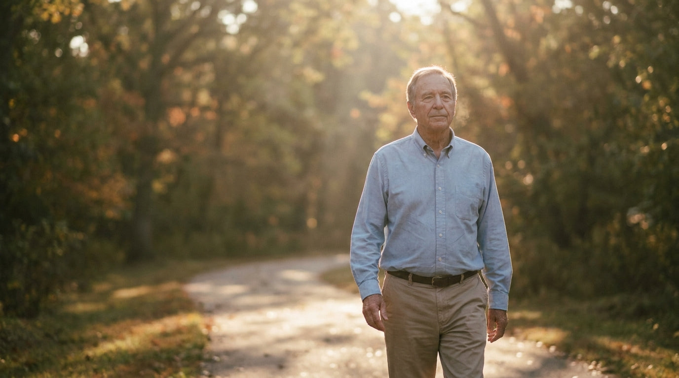 Senior man walking confidently in sunlit park, warm golden hour light