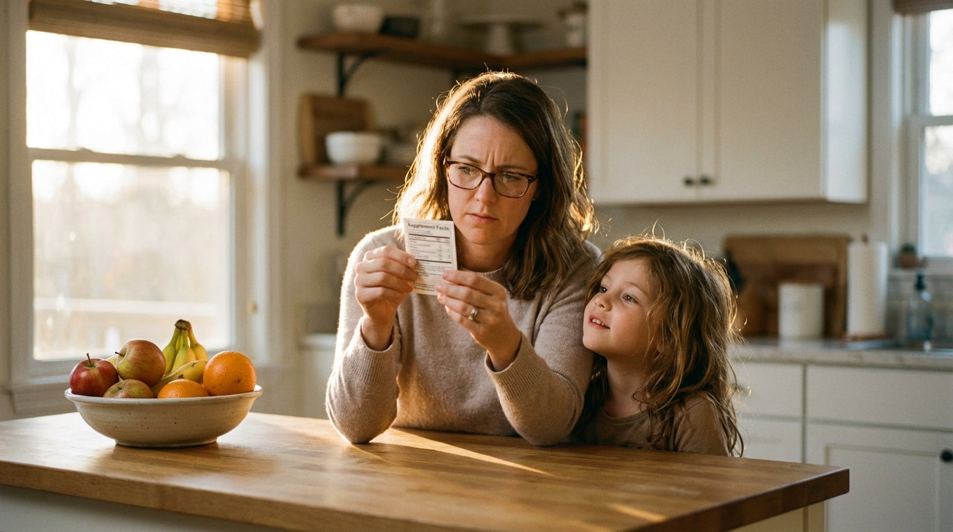 Mother and daughter reading supplement safety information together in bright kitchen
