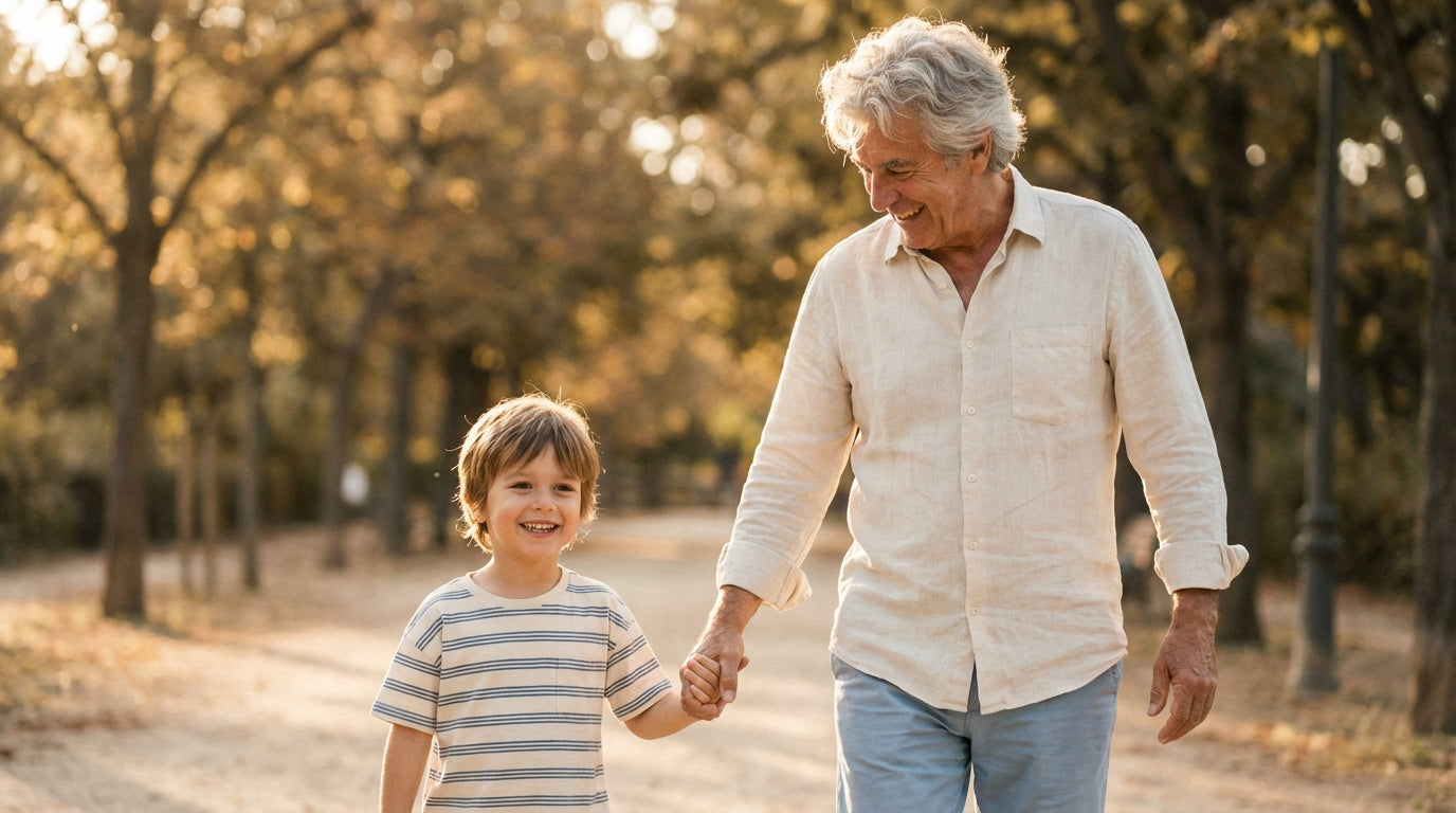 Active grandfather walking with young grandson along a sunlit park path in golden hour light