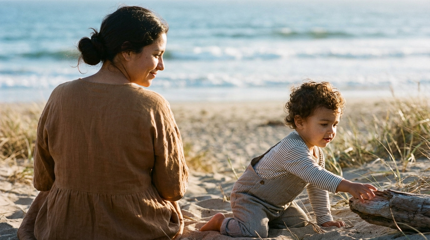 Mother lovingly watching her toddler at golden hour representing DHA brain nourishment for kids