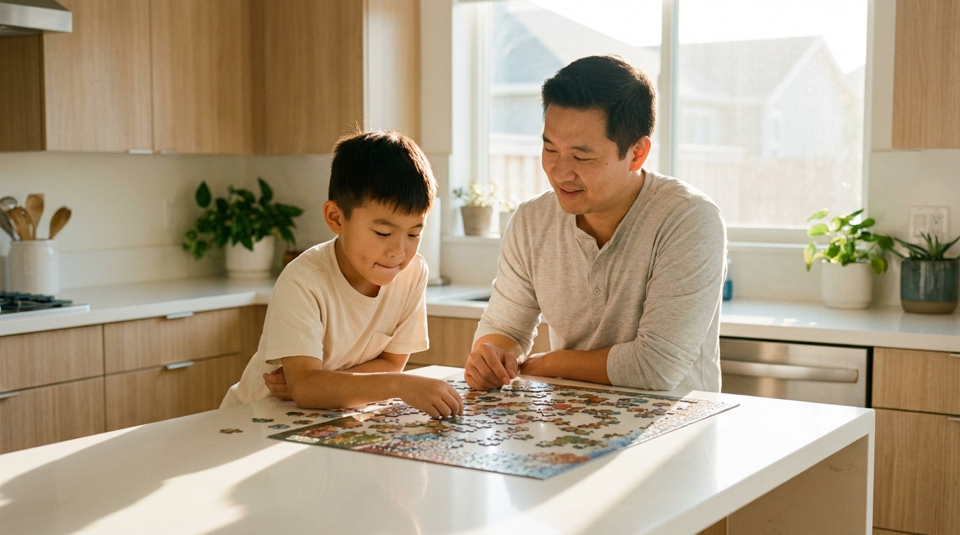 Father and son working on puzzle together in warm kitchen light representing focus and concentration support