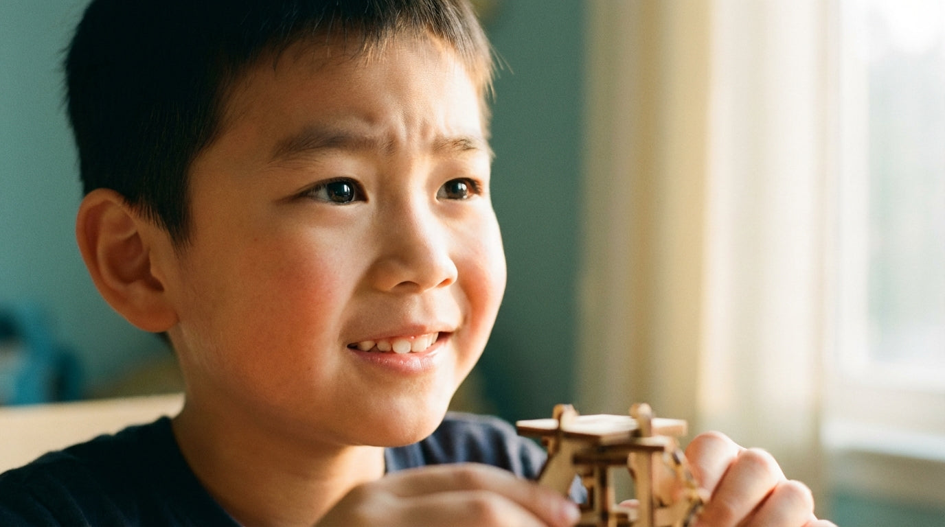 Young boy in deep focus and concentration with warm natural window light representing kids focus supplements