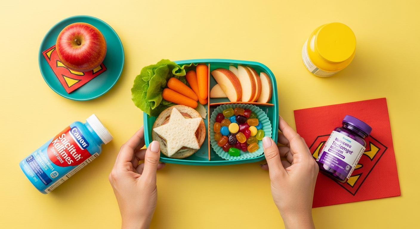 GOJOY Kids Multi Iron review — colorful lunchbox flat lay with multivitamin gummies