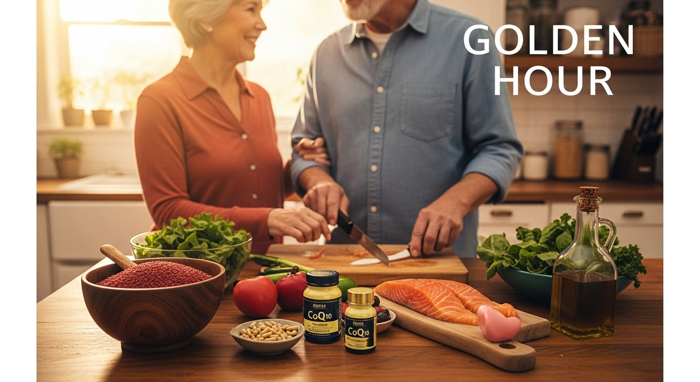 GOJOY Naturals Red Yeast Rice CoQ10 - Golden Hour kitchen scene with older couple preparing heart-healthy dinner
