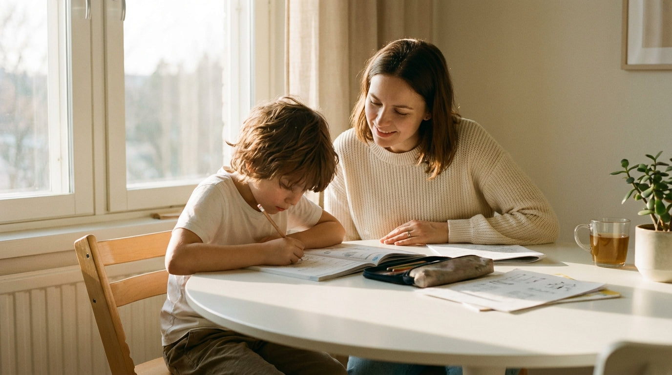 Mother and child doing homework together with focus and concentration