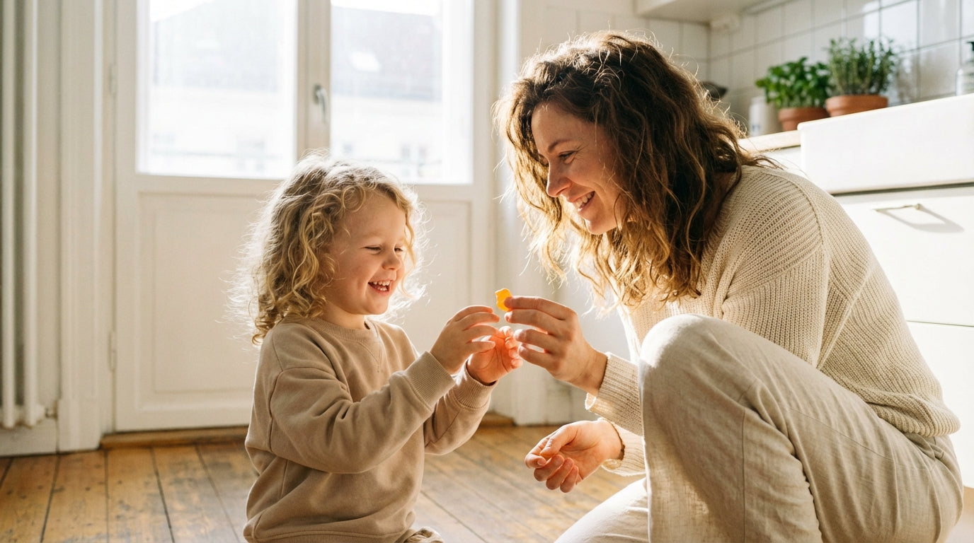 Mother offering a gummy vitamin to her smiling young daughter in a bright kitchen with golden natural light