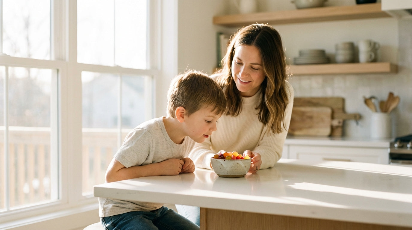 Mother and son at bright kitchen island looking at colorful gummy vitamins in warm morning sunlight