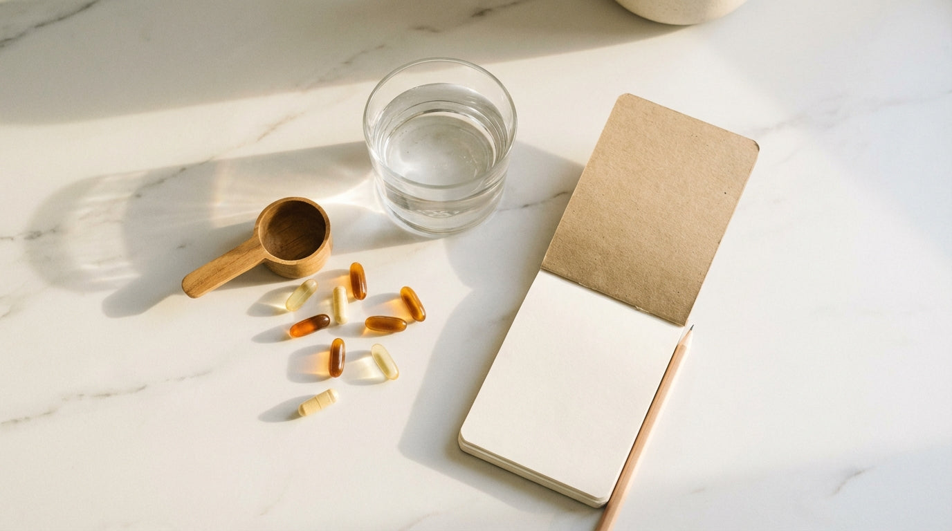 Supplement capsules and glass of water with measuring scoop on white marble in morning light