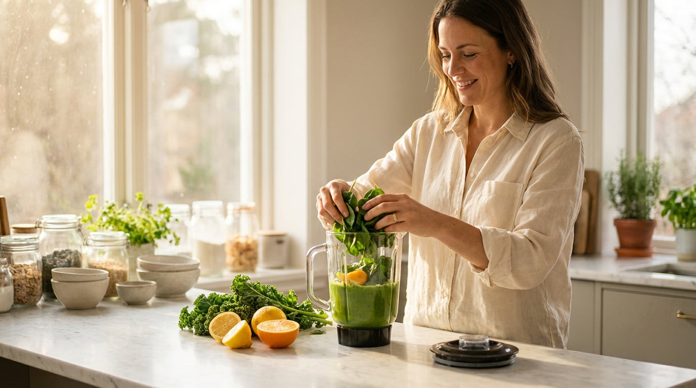 Woman preparing healthy green smoothie in bright kitchen