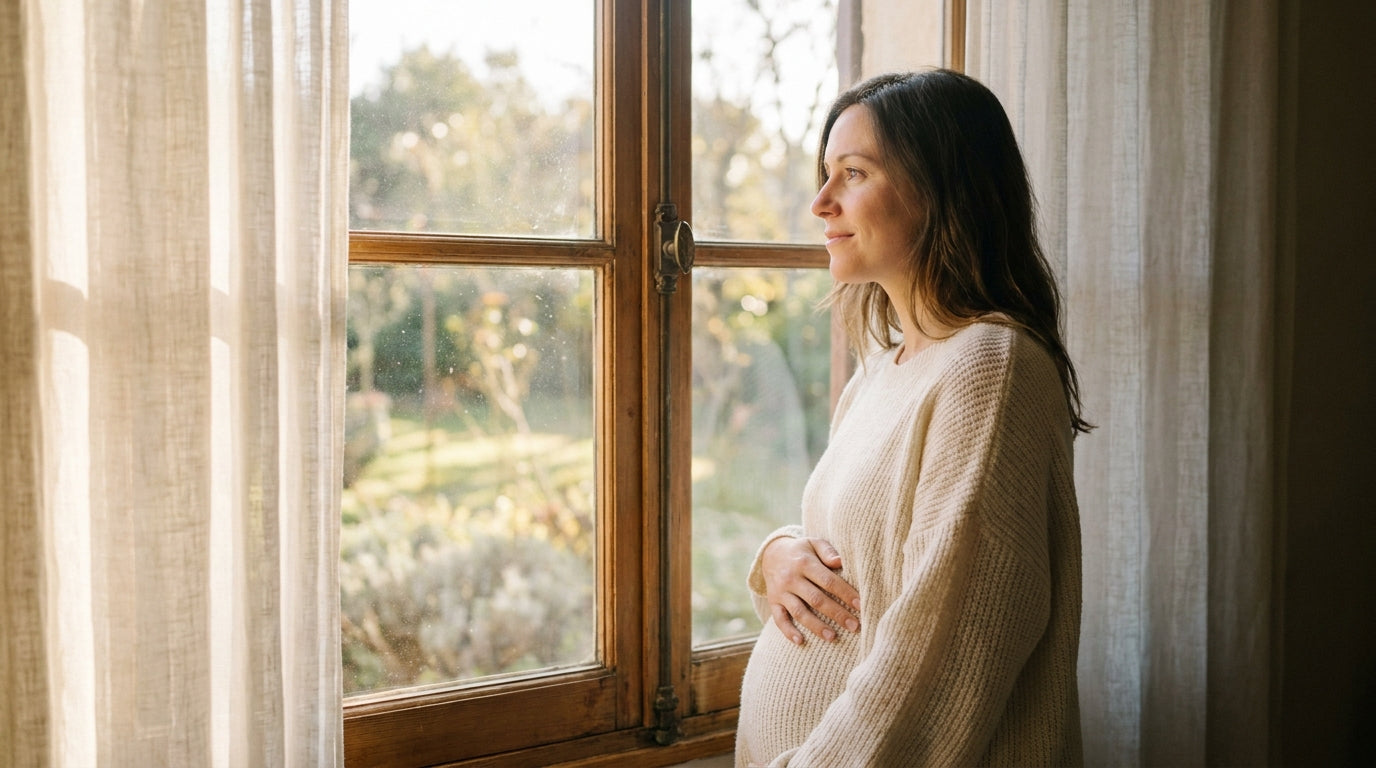 Hopeful woman by window in soft morning light representing fertility support