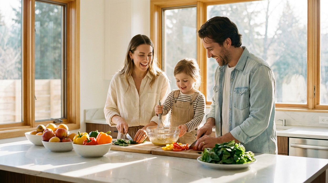 Happy family preparing healthy meal together, gut health and wellness