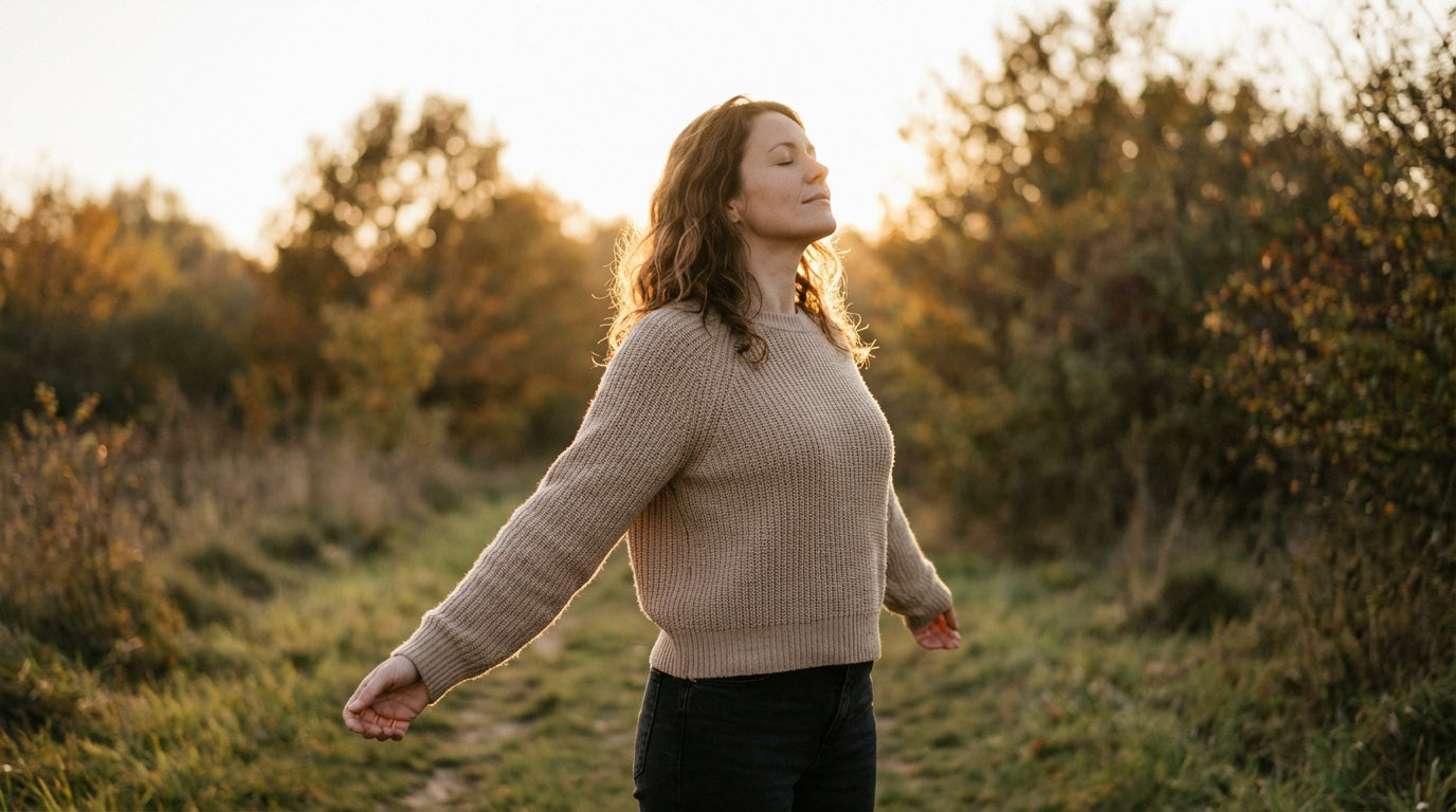 Woman taking deep refreshing breath outdoors in golden hour sunlight