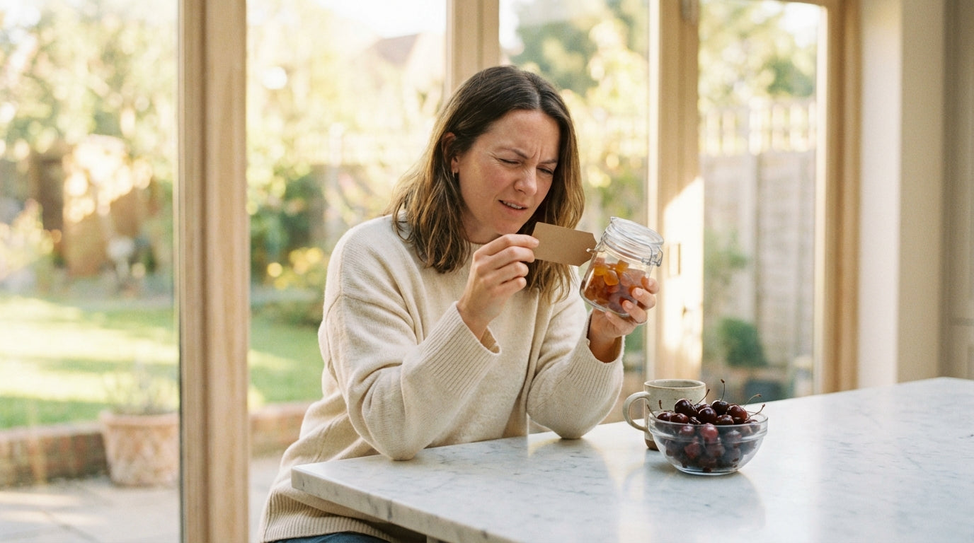 Young woman reading supplement label in sunlit modern kitchen with cherries nearby
