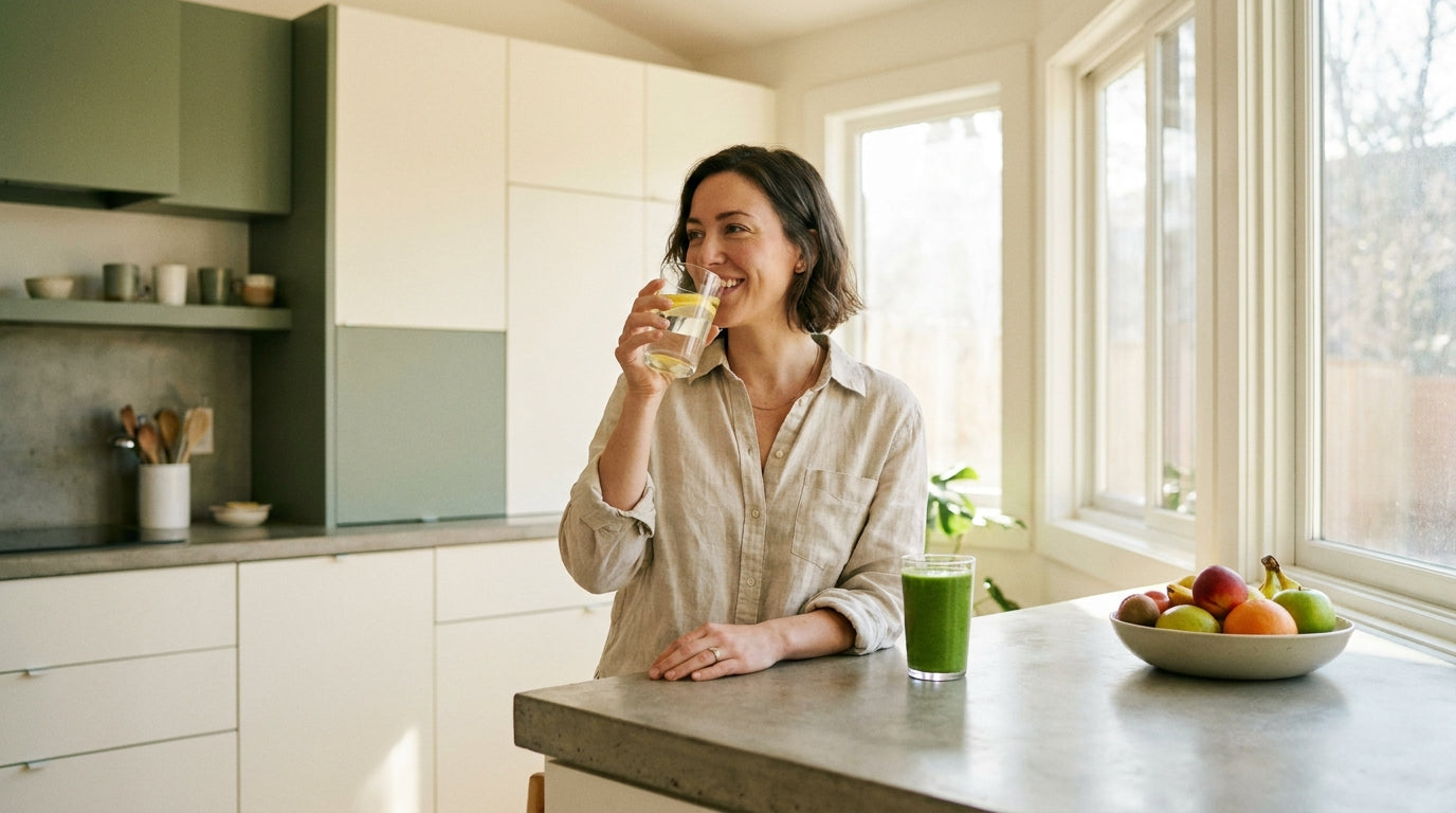 Woman in bright modern kitchen with healthy drink, conveying vitality and healthy metabolism